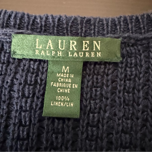 Lauren Ralph Lauren Open Cardigan Women Sz M Navy Knit V Neck Cropped 100% Linen - Picture 7 of 10